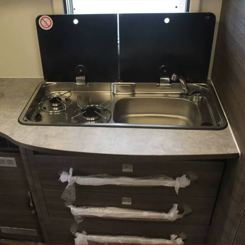 

RV Sink Stove Trailer 304 Stainless Steel Basin Double Eye Gas Integrated Stove with Tempered FRP