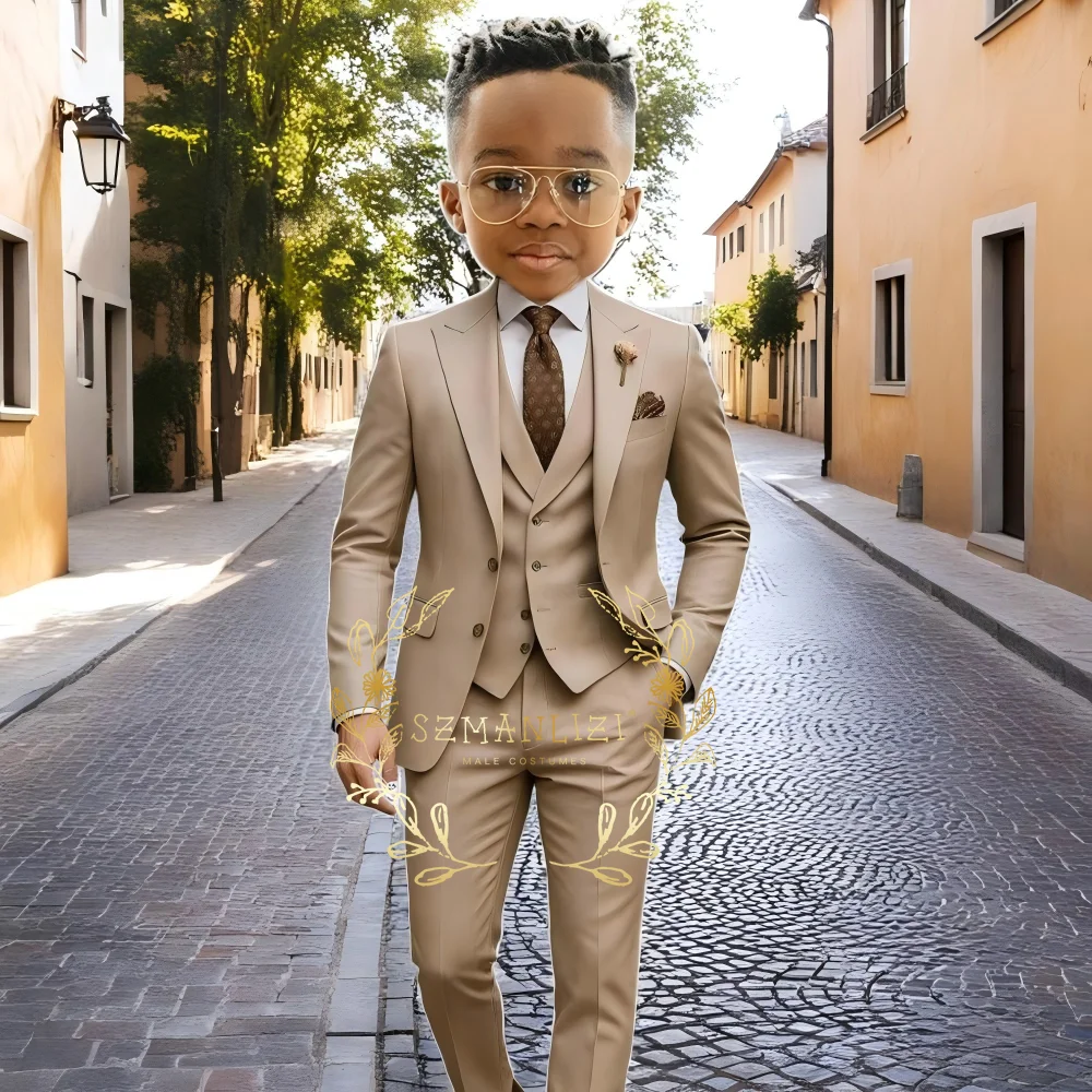 

Formal Beige Boys Suit 3 Piece Party Wedding Tuxedos Child Jacket Pants Vest Custom Made Kids Costume 2-16 years old