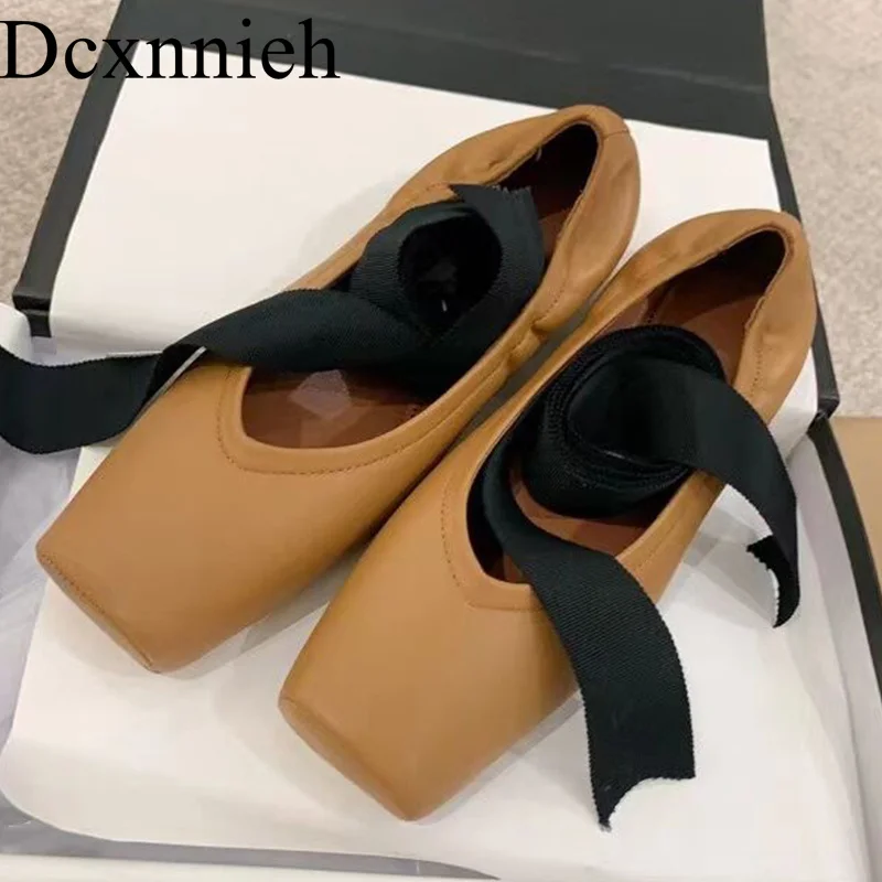 

genuine leather summer loafers women's comfortable flat bottom strap design ballet shoes solid color versatile single shoes