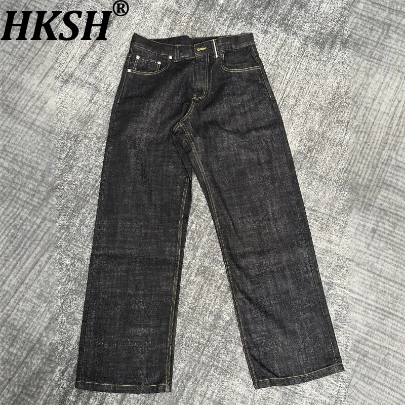 

HKSH Spring Autumn New Men Tide Chic Ins Vintage Selvedge Narrow Red Edge Raw Denim Pants Straight Wide Leg A-Line Jeans HK19262