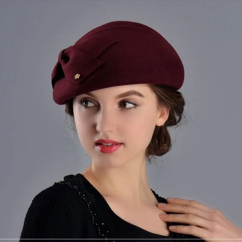 French Berets Caps For Women Fashion 100% Wool Felt Fedora Hat Winter Blue Purple Red Church Female Vintage Cloche Hats H46