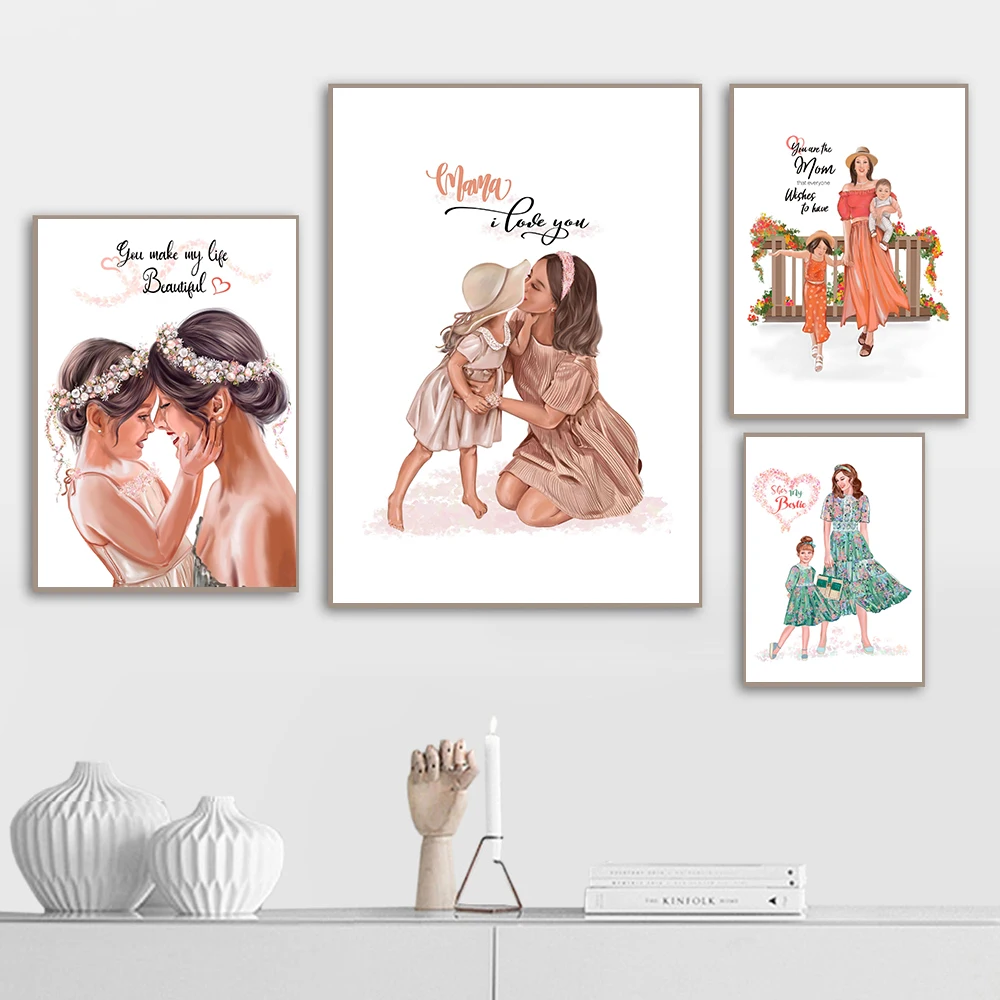 Mom Daughter Wall Art Canvas Painting Posters and Prints Fashion Love You Mother Days Gift Picture for Living Room Home Decor