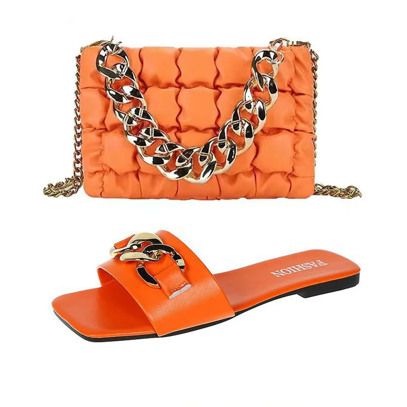 Summer New Square Head Chain Slippers Large Size Color Slippers Thick Chain Handheld Small Square Bag Set Flat Bottom Beach Shoe