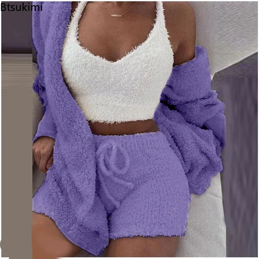 New 2025 Women Velvet Three Piece Suit Outfits Soft Warm White Matching Set Crop Top And Shorts Lounge Home Wear Pijama Oversize