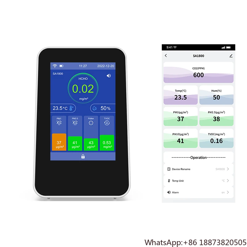 

APP with Wifi Air Quality Monitor, HCHO Detector with Meter PM, CO2, TVOC, HCHO, Temperature & Humidity for Home & Office