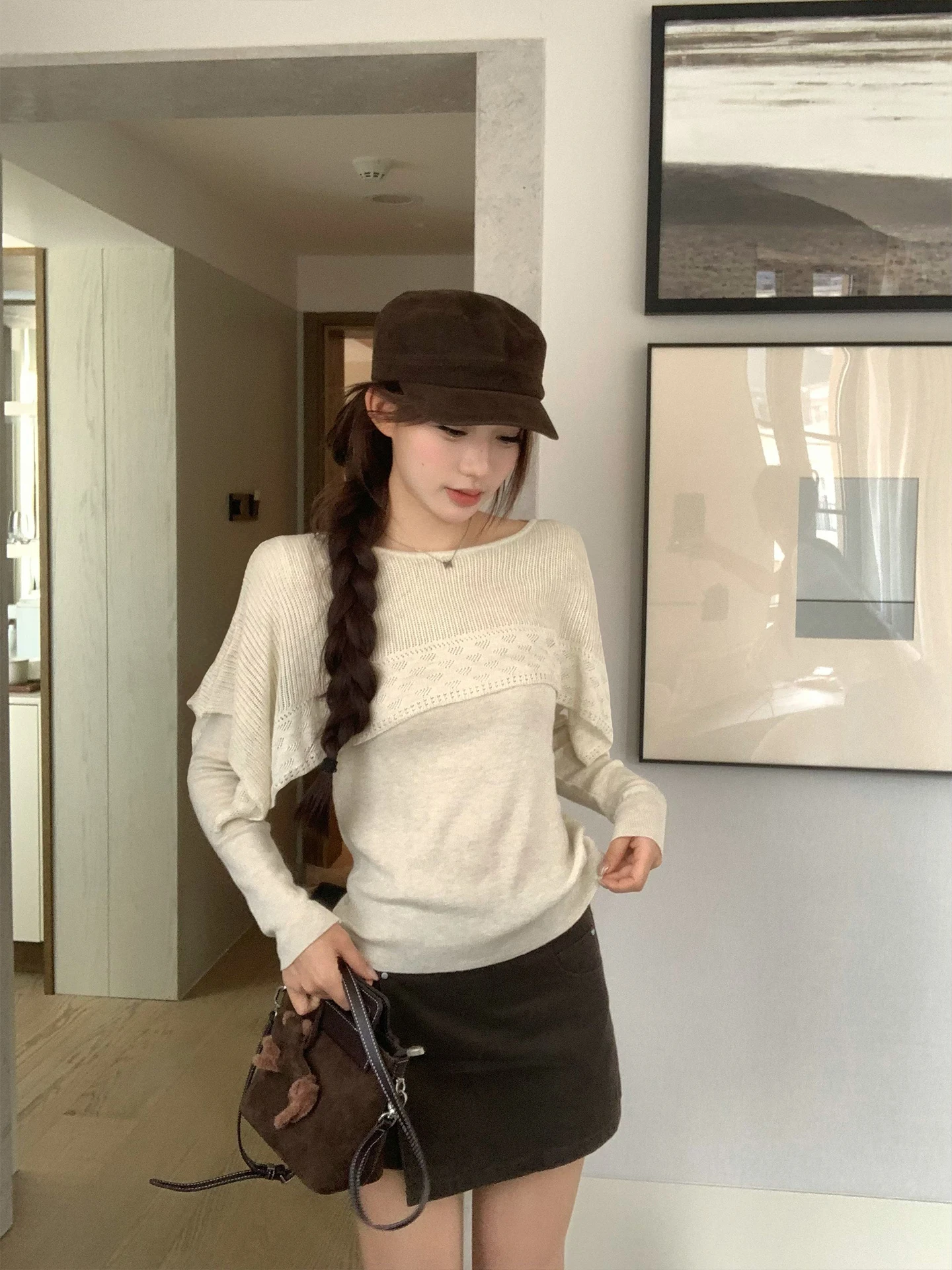 Song Zhengen Coffee Color Asymmetrical Slit Loose Women's Skirt Korean Style High Waist A-Line Midi Skirt for Autumn