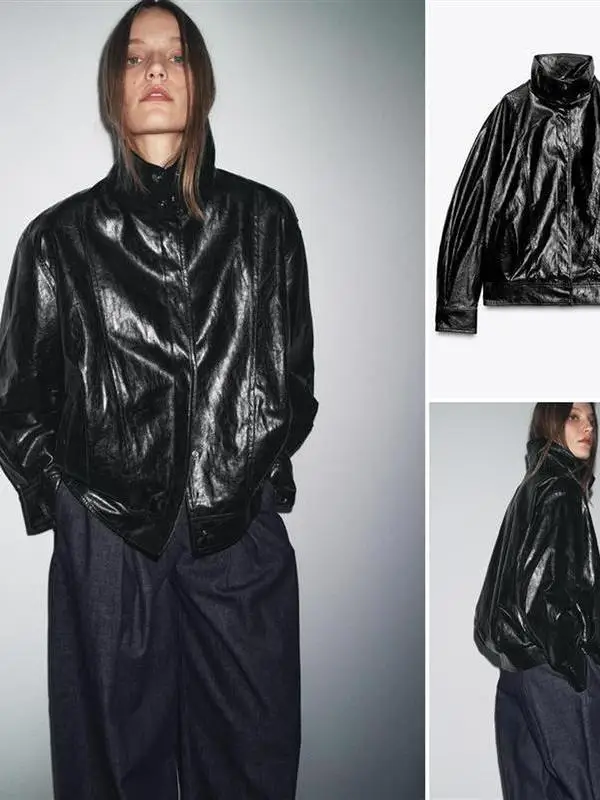 ロングスベパイロットジャケットアウターウェアジッパー開閉式kブルー秋用フリップカバーフェムレザーコート通勤用合成レザー...