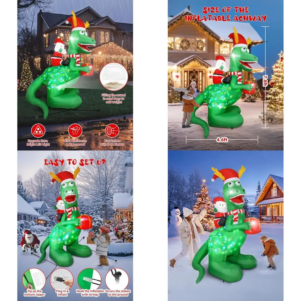 

8ft LED-lit Dinosaur Christmas Inflatable with Santa Holding Gift, Outdoor Holiday Yard Decor