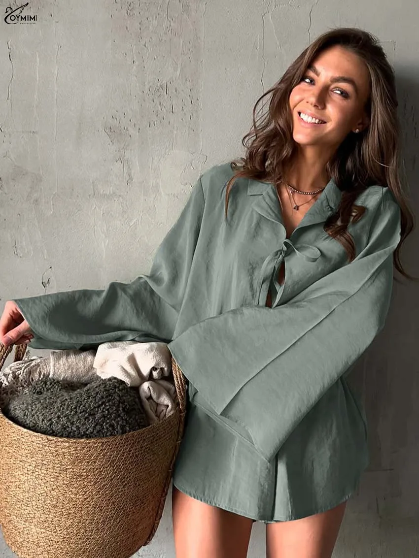 

Oymimi Elegant Green Loose 2 Piece Sets Woman Outfits Casual Long Sleeve Lace-Up Shirts And High Waisted Side Slit Shorts Sets