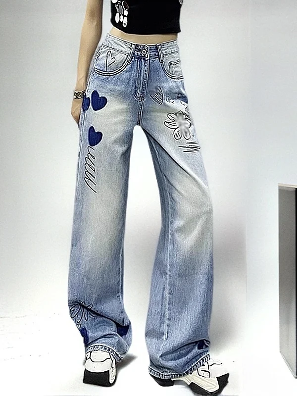 

High Waist Loose Wide Leg Denim Pants Women's Spring Autumn New Sle Hand-Painted Print Drapey Color Blo Casual Jeans