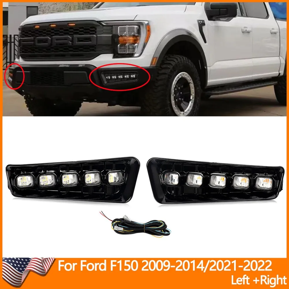 Left Right Fog Light For Ford F150 F-150 Raptor Style 4-Door 2009-2014 LED Fog Light Dynamic Turn Signal DRL Plug and Play