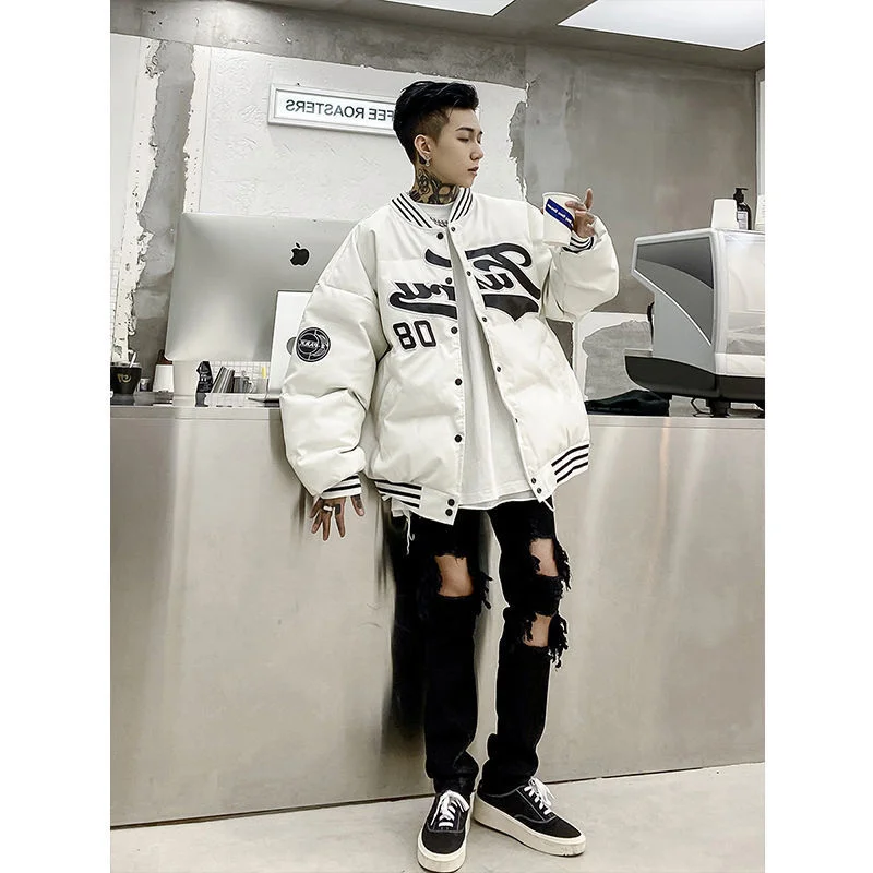 

Thiened Retro Baseball Cotton Jaet Men's Winter New Sle Embroidered PU Leather Cotton Coat Loose Fit Korean Sle