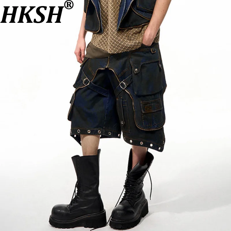 

HKSH Spring Summer Men Tide Dark Vintage Heavy Deconstructed Denim Pants Waste Land Style Dirty-Dyed Capris Chic Shorts HK20418