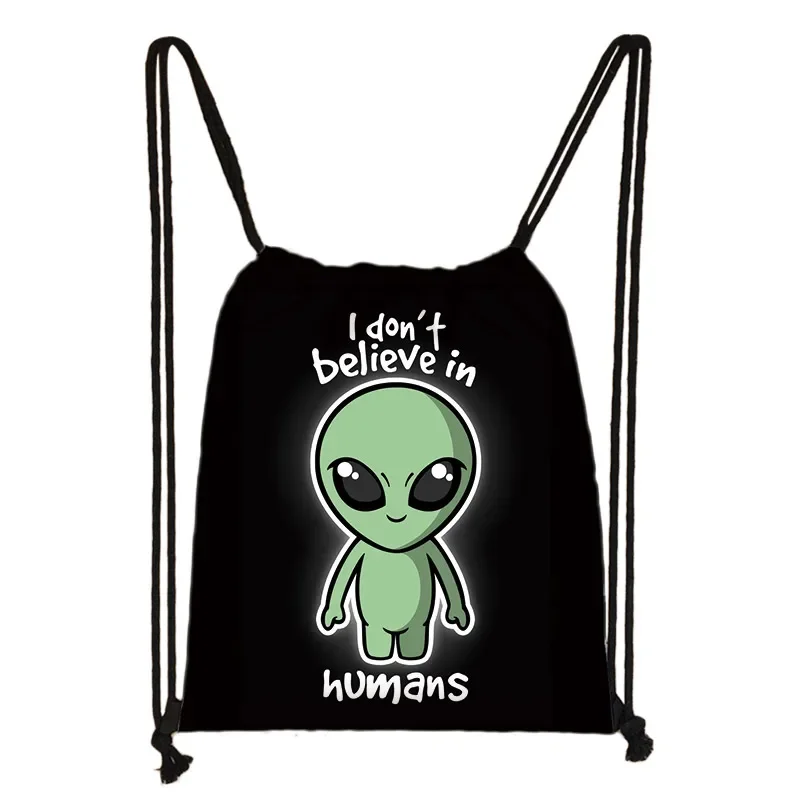 Alien UFO Print Backpack L Want To Believe Drawstring Bag Student Bookbags Women Men Casual Storage Bag for Travel Shoes Holder