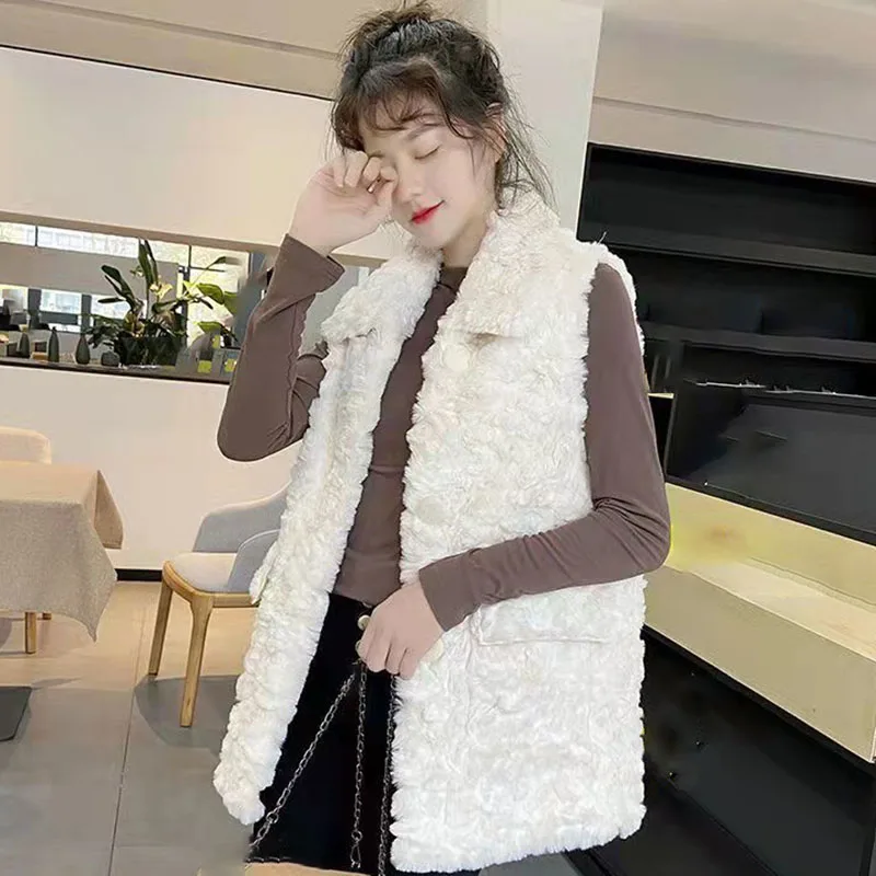 2023 Lamb Hair Women Loose Vest Jacket Simplicity Elegant Fashion Casual Thicken Coat Winter Female Warm Sleeveless Jacket