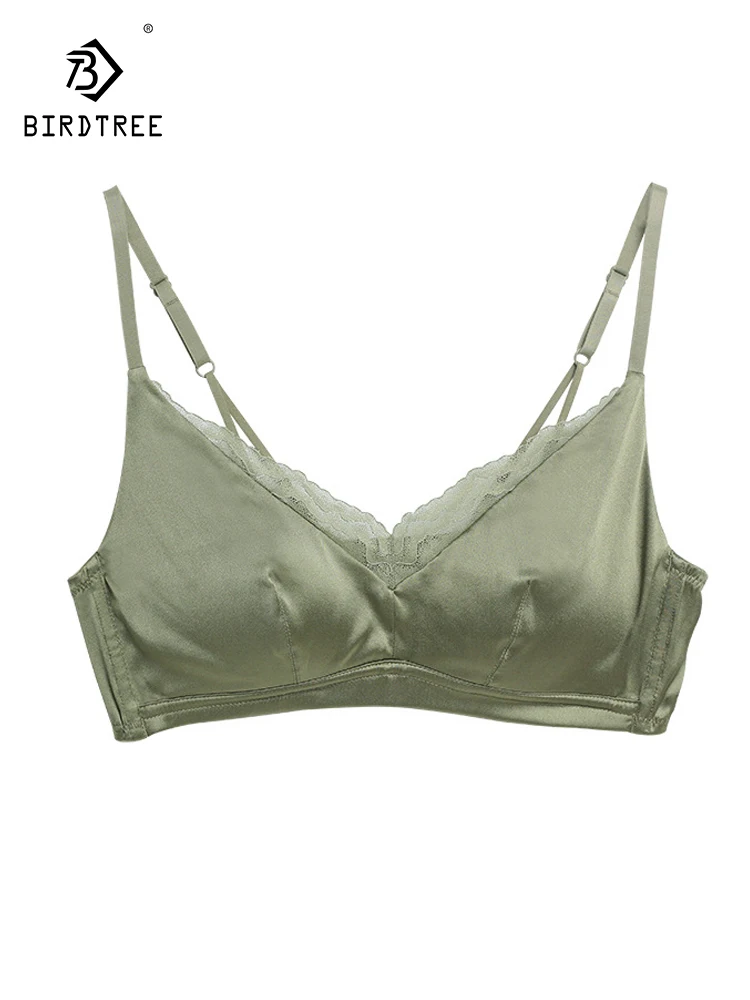 BirdTree, 93%Natural Silk Sexy Bra, Women Lace Wireless Large Chest, Thin French Comfortable Underwear, 2024 Summer New P45581QC