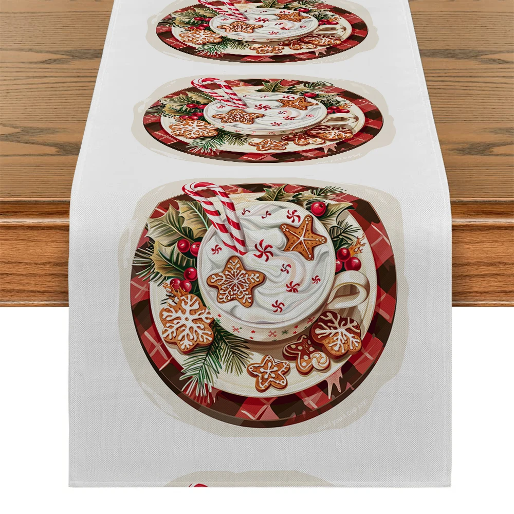 Cup Cookies Holly Gingerbread Man Table Runners Dresser Decor for Kitchen Holiday Party Table Runner Washable Dining Long Cloth