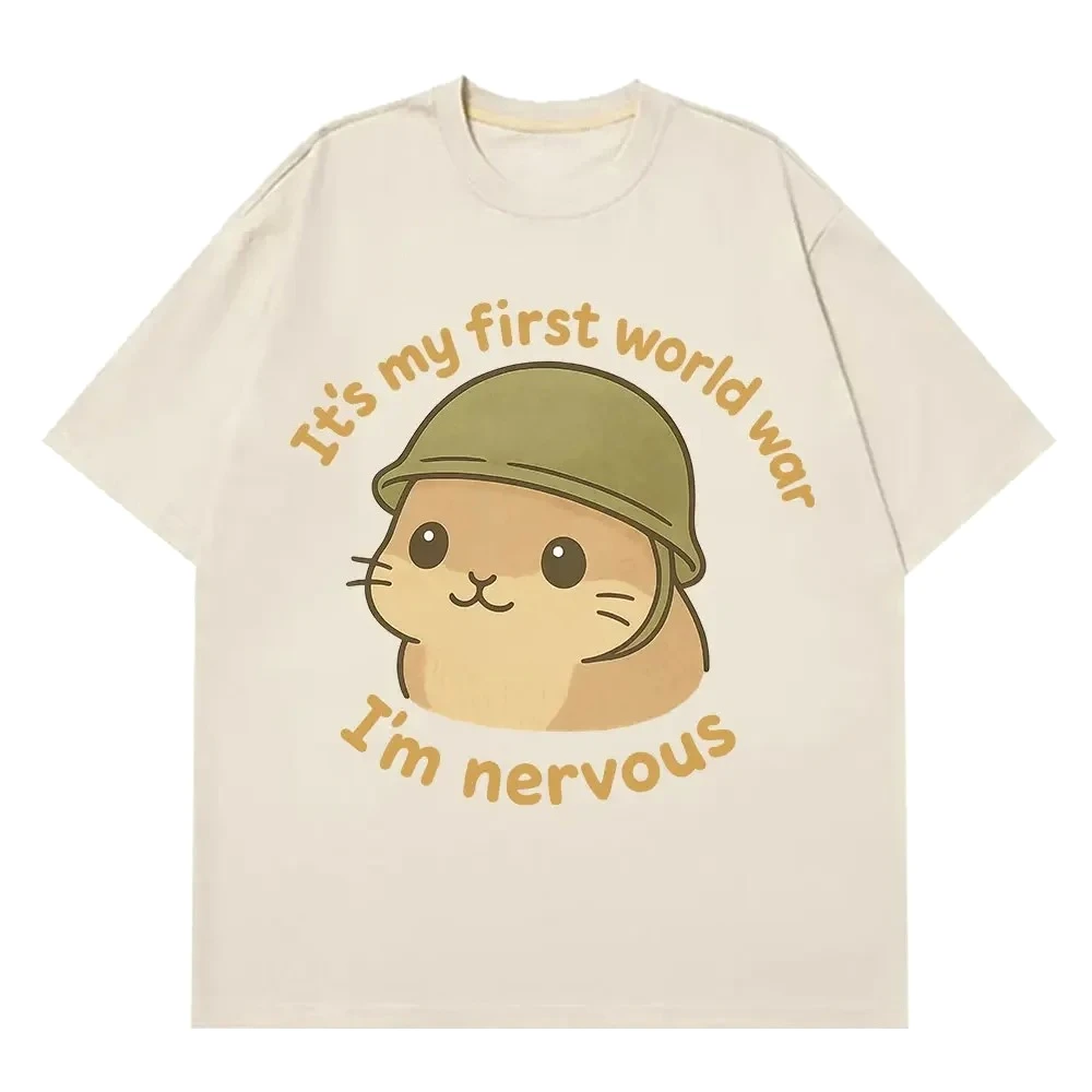 انها حرب العالم الأولى أنا عصبي مطبوعة لطيف الإبداعية الهامستر طباعة الصيف المرأة قصيرة الأكمام الجولة الرقبة ملابس كاجوال