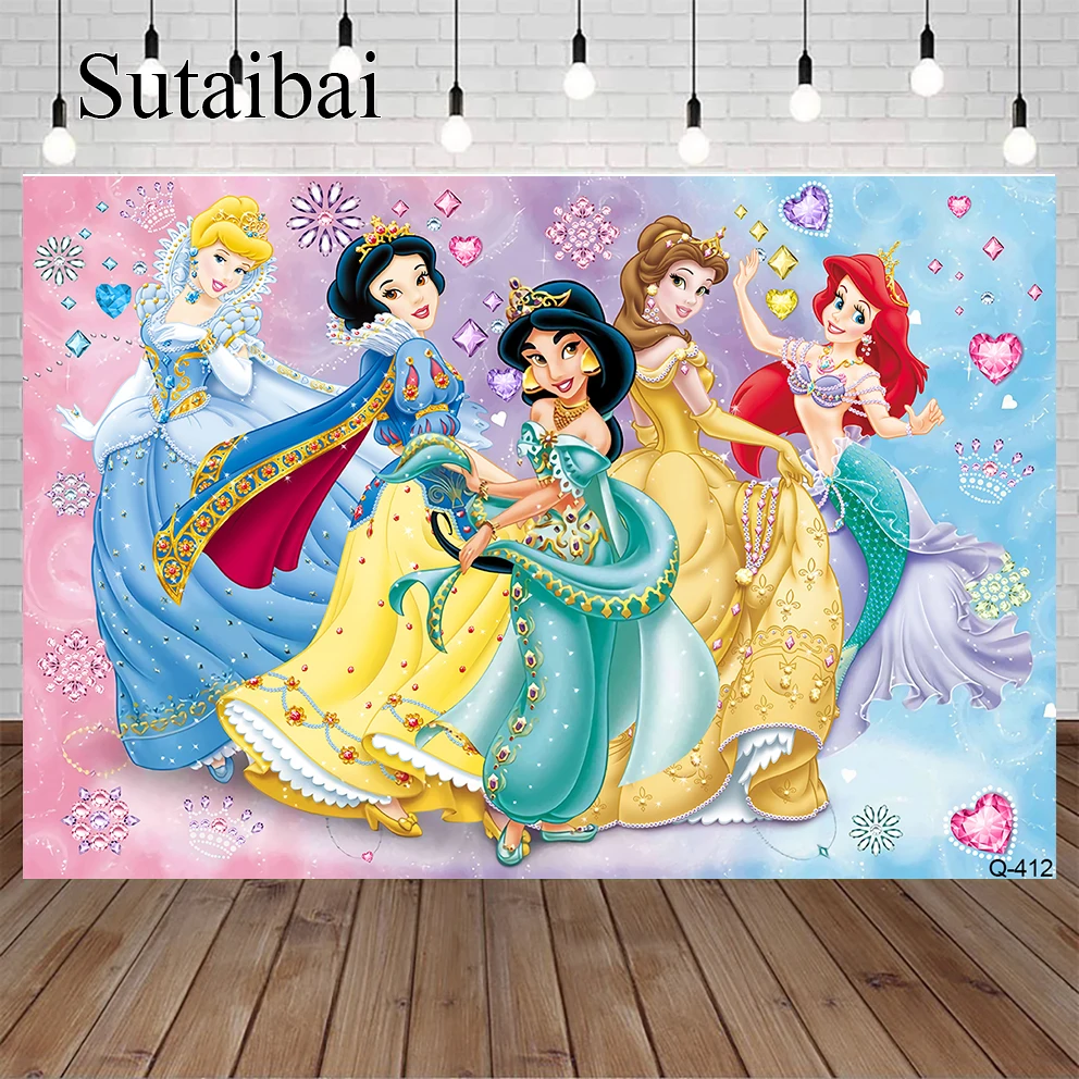 

Disney Princess Party Birthday Backgrounds Decors Vinyl Cloth Party Backdrops Baby Shower Supplies Cinderelia Sofia Snow White