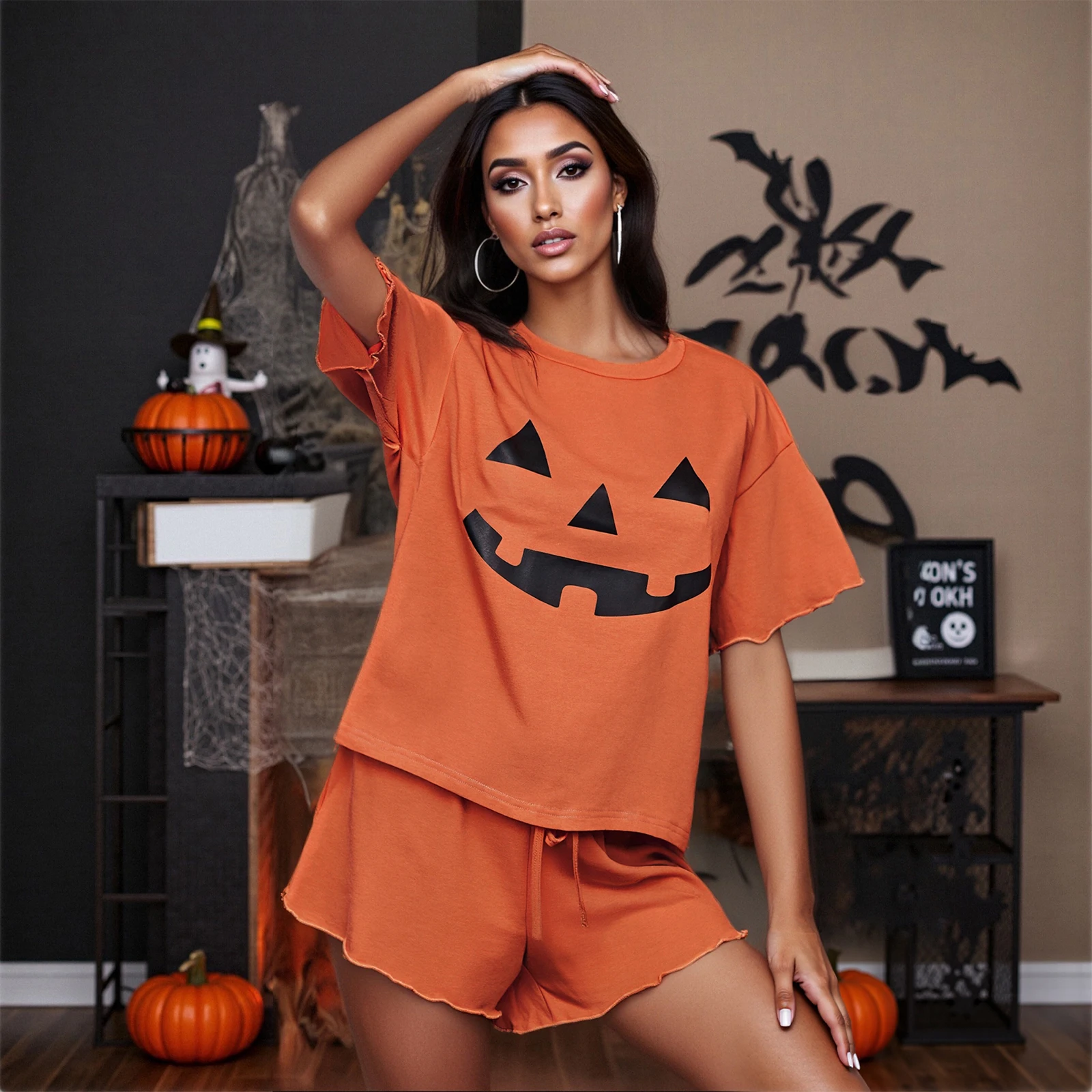 Women 2-Piece Halloween Outfits Pumpkin Face Print Loose T-Shirt and Elastic Shorts Summer Suits Streetwear