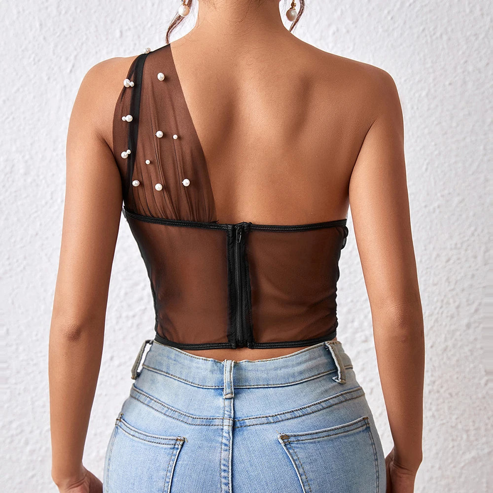 Women's Beach Halter Bustier Tank Tops Padded Sleevesless Backless Lace Upp Crop Top Pearl Decoration  Halter-Neck Vest