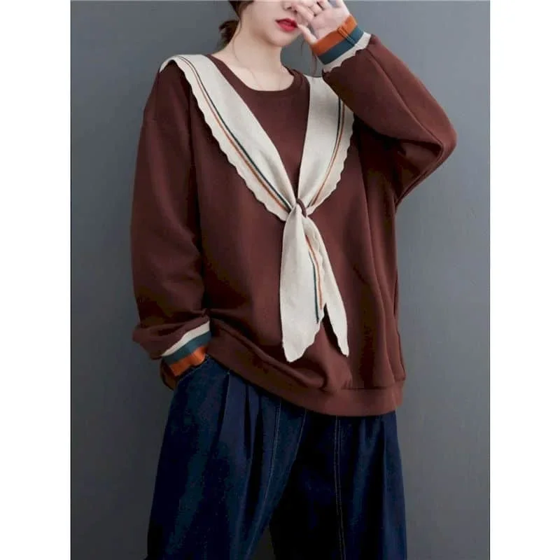 

Pop O-neck Pullovers Fake Two Pieces Patchwork Casual Oversized Korean Style Long Sleeve Streetwear Women Autumn Aesthetic Cloth