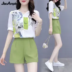 Women's Summer Print Shirt Shorts One or Two Piece Set 2024 Korean Office Lady Casual Fashion White T Shirt Green Pants Outfits