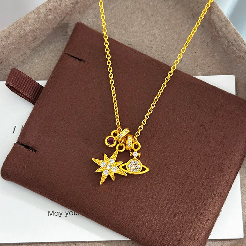 Luxury 9999 24K Real Gold Running Ring Eight-pointed Star Necklace Micro-paved Zircon Pendant Clavicle Chain
