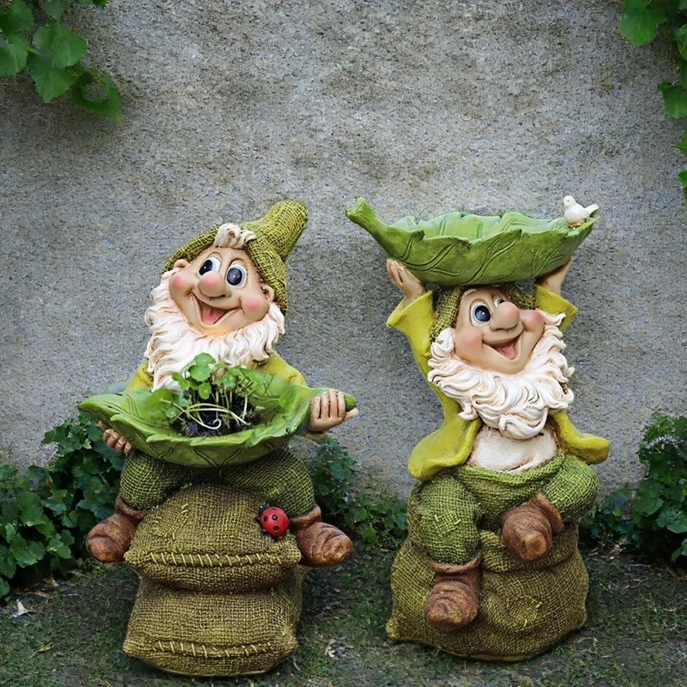 Dwarf Garden Sculpture Statue Multi Functional Home Decoration Ornament Creative Bird Food Plate Green Plant Flower Pot