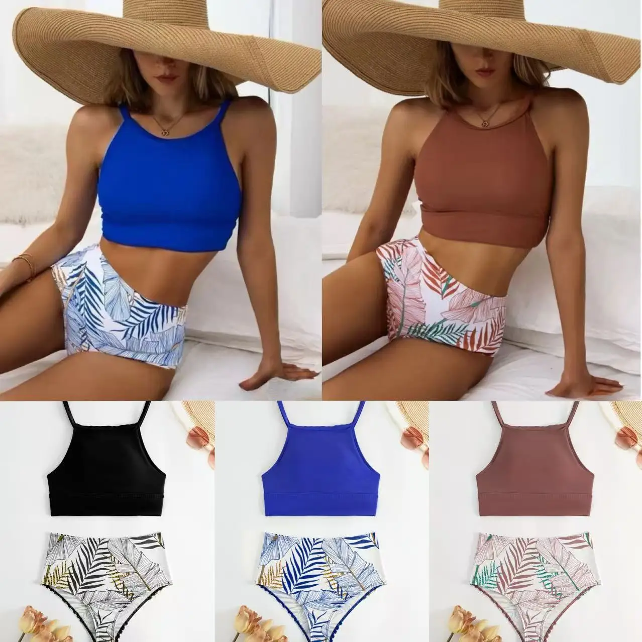 

2025 High Waist Bikini Women High Neck Swimsuit Printed Swimwear Female Padded Beachwear Bathers Bathing Swimming Swim Suit