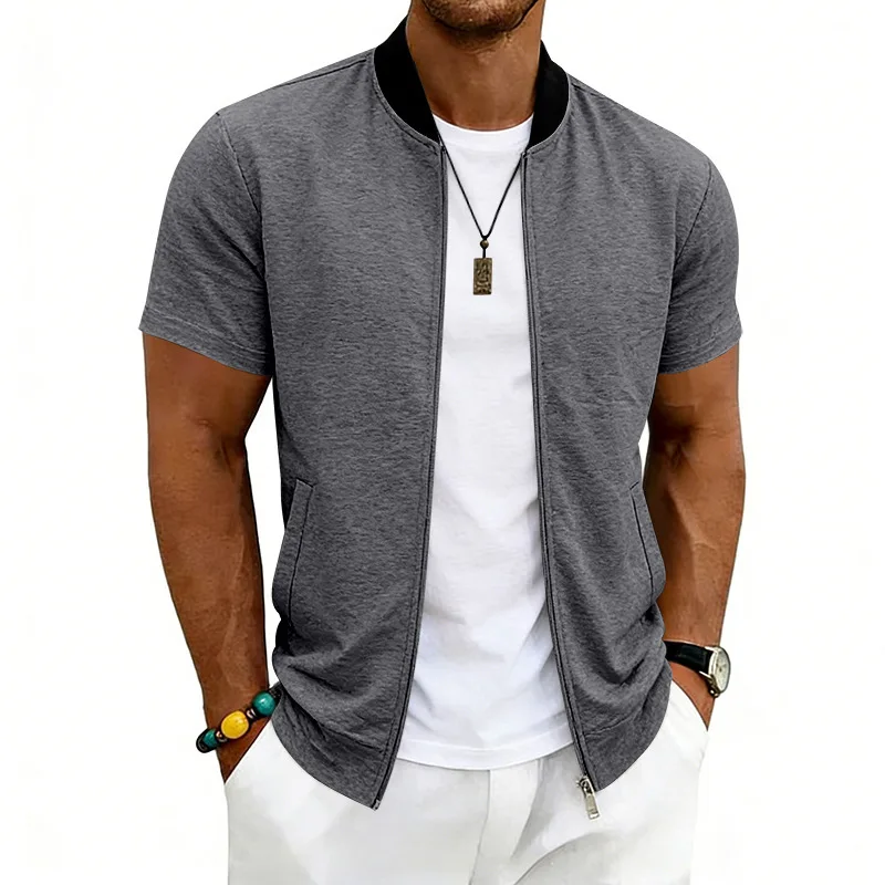 2026 American Summer Men's Stand Collar Thin Sports Short Sleeve Flight Zipper Baseball Jersey Jacket