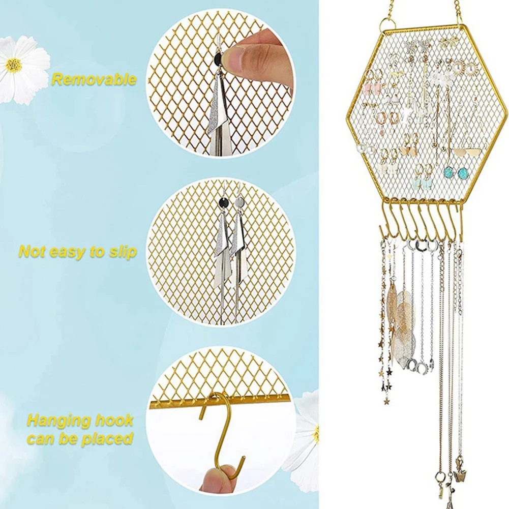 2 Pcs Earring Wall Holder Wall Mounted Earring Organizer Hanging Hexagon Earring Stand Decorative Diamond Grid Shape A