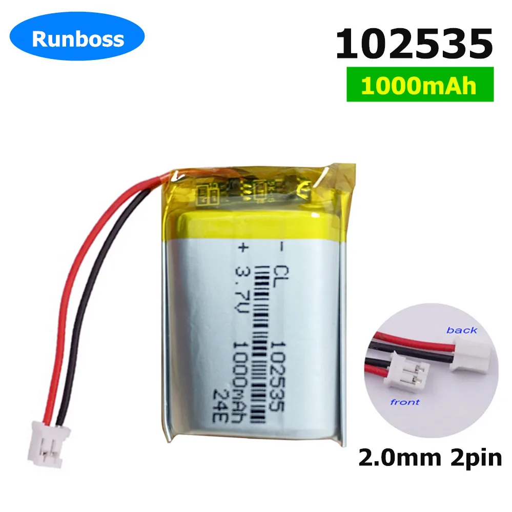 1-10PCS XHR 2.0mm 2pin 3.7V 1000MAH 102535 Lithium Polymer LiPo Rechargeable Battery For MP3 headphone PAD DVD Bluetooth Camera