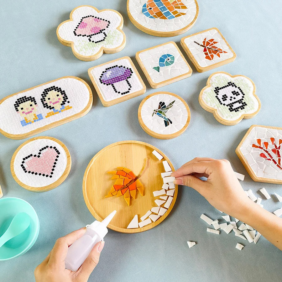 Tapis de tasse en mosaïque fait à la main, tapis de fond en bambou, sous-verre carré en forme de cœur, éducation précoce Parent-enfant, jouets