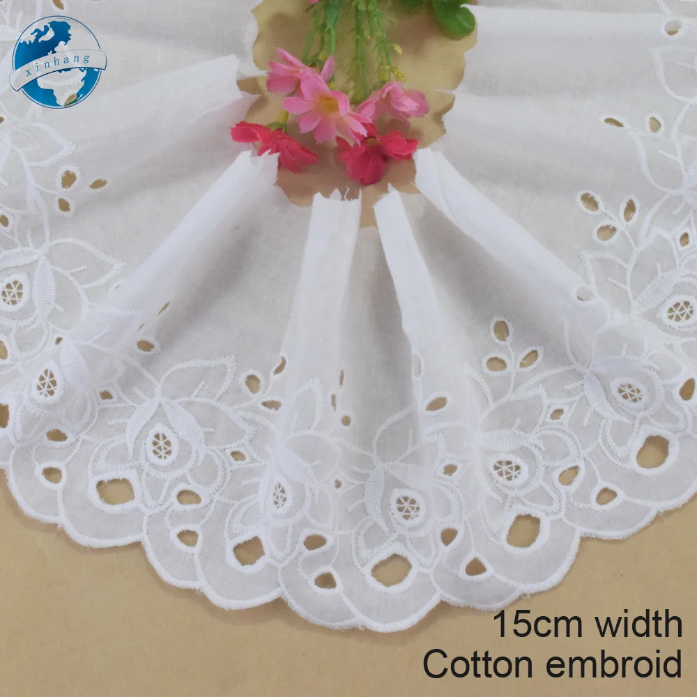 15cm Wide Embroidery White Lace 100% Cotton Fabric Sewing Ribbon Trim Wedding Dress DIY Dolls Colthes Curtain Accessories #4319