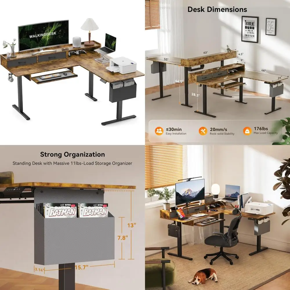 Electric Height Adjustable L-Shaped Desk with 2 Drawers, Keyboard Tray for Home Office Computer, Sit to Stand Option