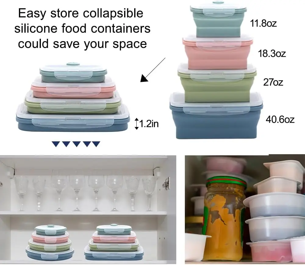 Collapsible Silicone Food Storage Container Set 4-piece Outdoor Portable Food Box, MicrowaveableMultiple sizes available