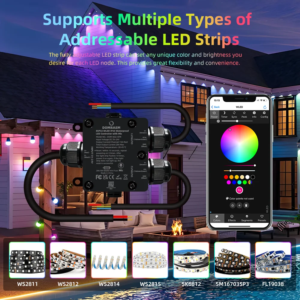 IP65 Waterproof DOMRAEM ESP32 WLED 2CH LED Controller | Outdoor Use, 20A Fuse & Music Sync | Supports WS281X SK6812 APA102   ICs