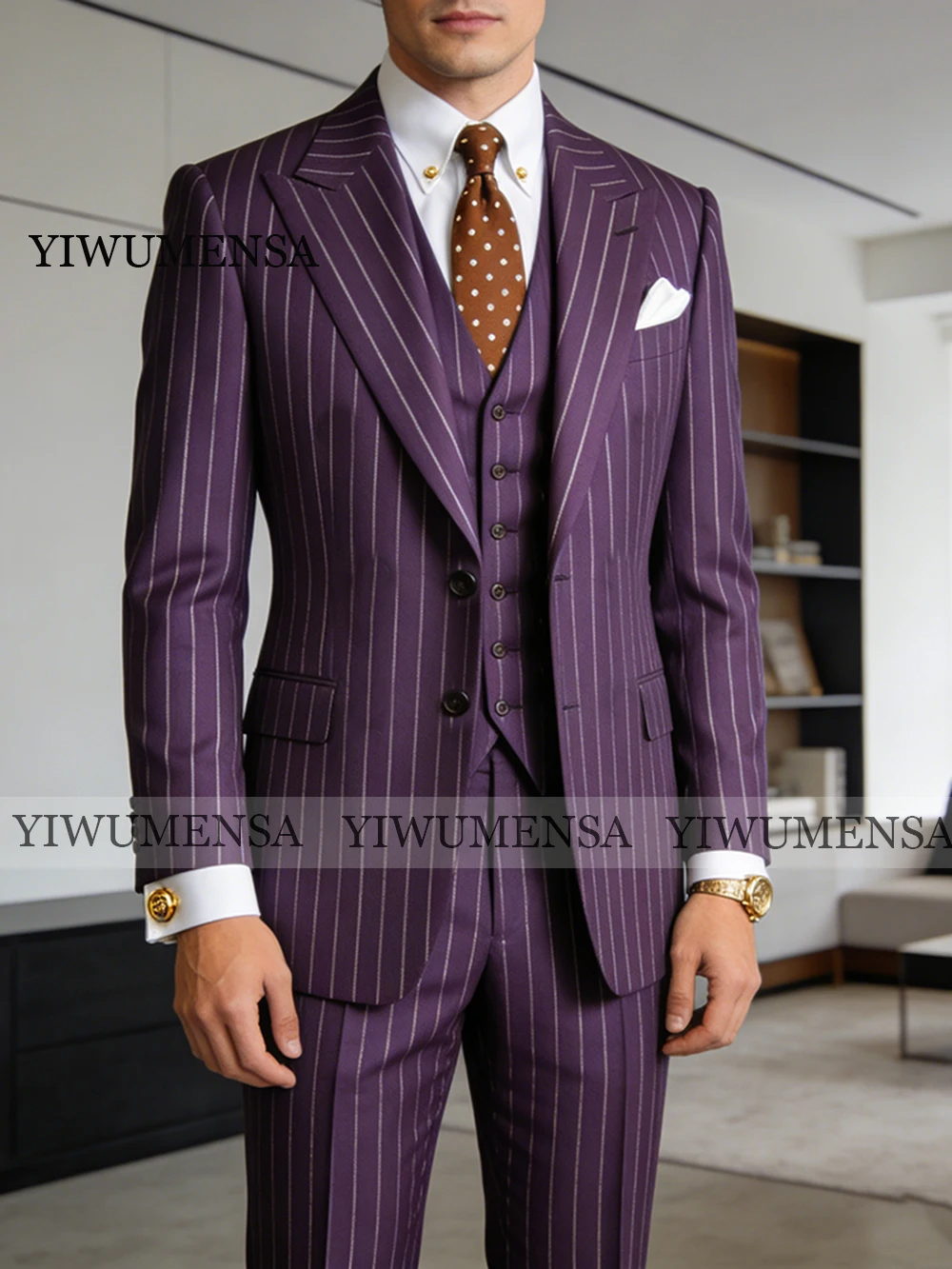 

Classic Business Suit Men Purple Vertical Pinstripe Groom Banquet Attire Customized Slim Fit 3 Piece Sets Man Party Tuxedos 2026