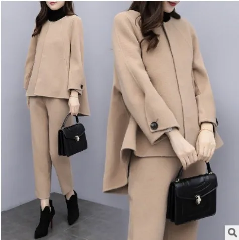 New Women\'s autumn and winter large pants long-sleeved jacket jacket Ankle-Length pants casual fashion suit wool two-piece set