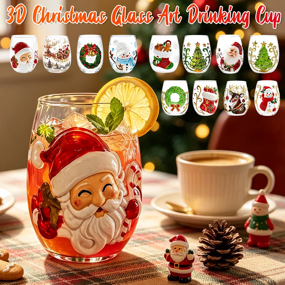 Christmas Art Glass Cup 3D Embossed Santa Claus Reindeer for SNOWMAN Holiday Drinkware Winter Collectible