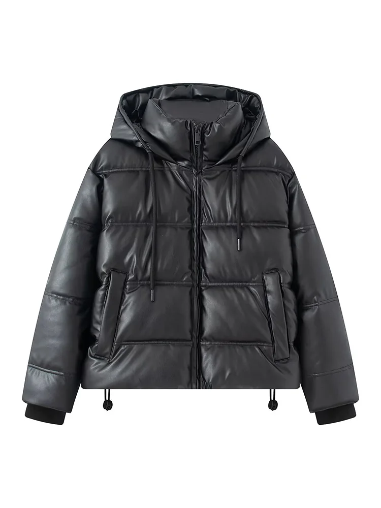 HH Vrouw Lange Mouwen Trekkoord Zak Decoratie Rits Effen Kapmantel Vrouwelijke Winter Down Kunstleer Katoenen Kleding