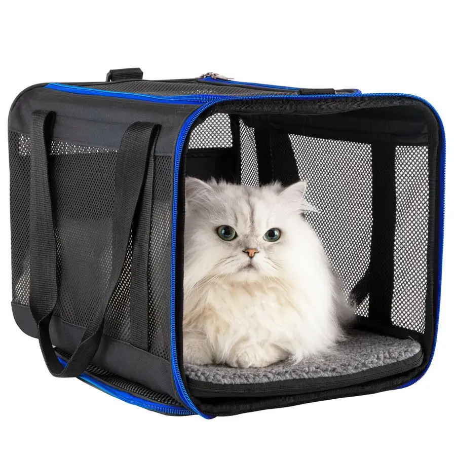 

Мягкая сумка-переноска для домашних животных с легкой нагрузкой для кошек среднего размера, больших кошек, щенков, прочная, складная, удобная, черная с синей отделкой, L
