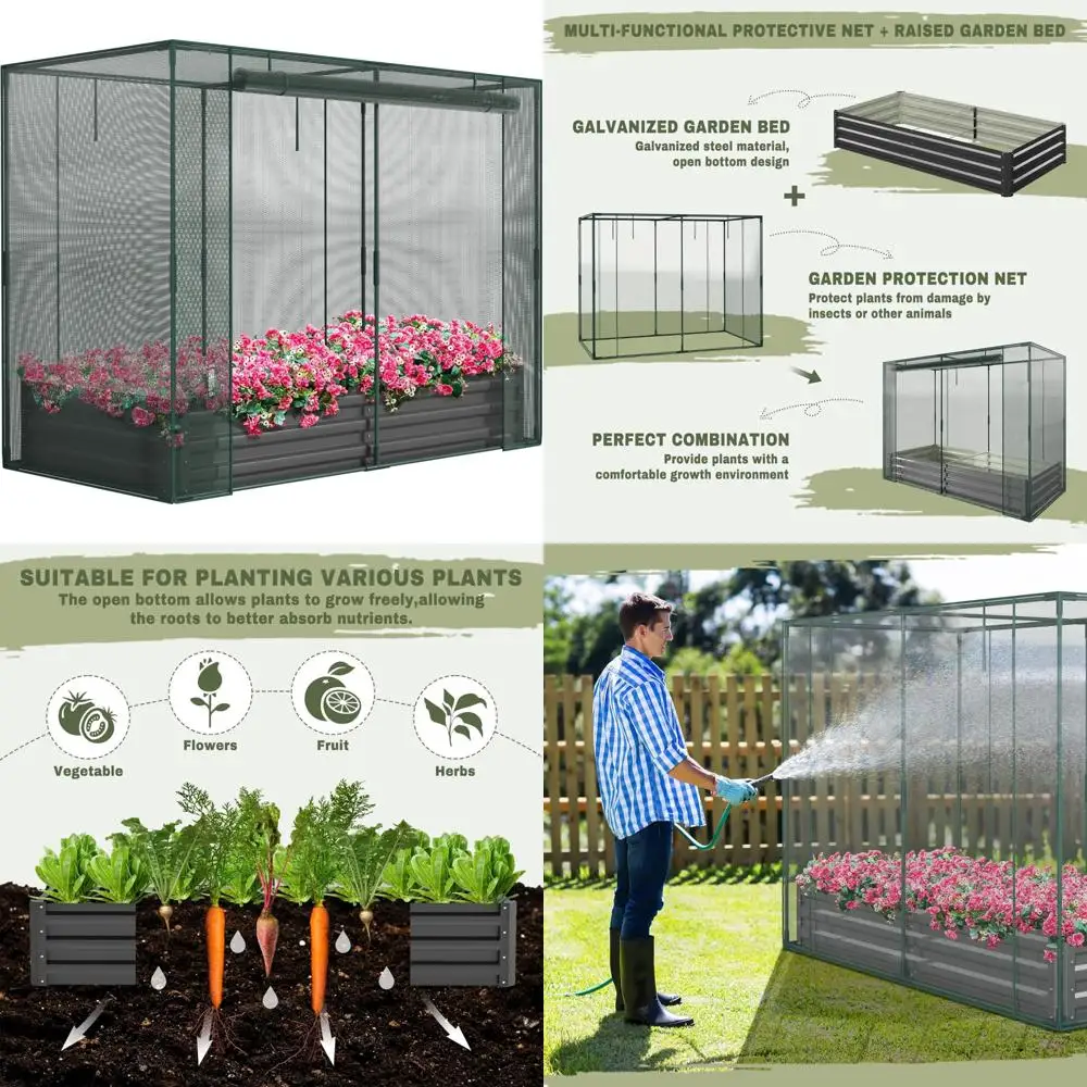 

Galvanized Metal Raised Garden Bed with Crop Cage and Plant Protection Net Tent for Outdoor Use
