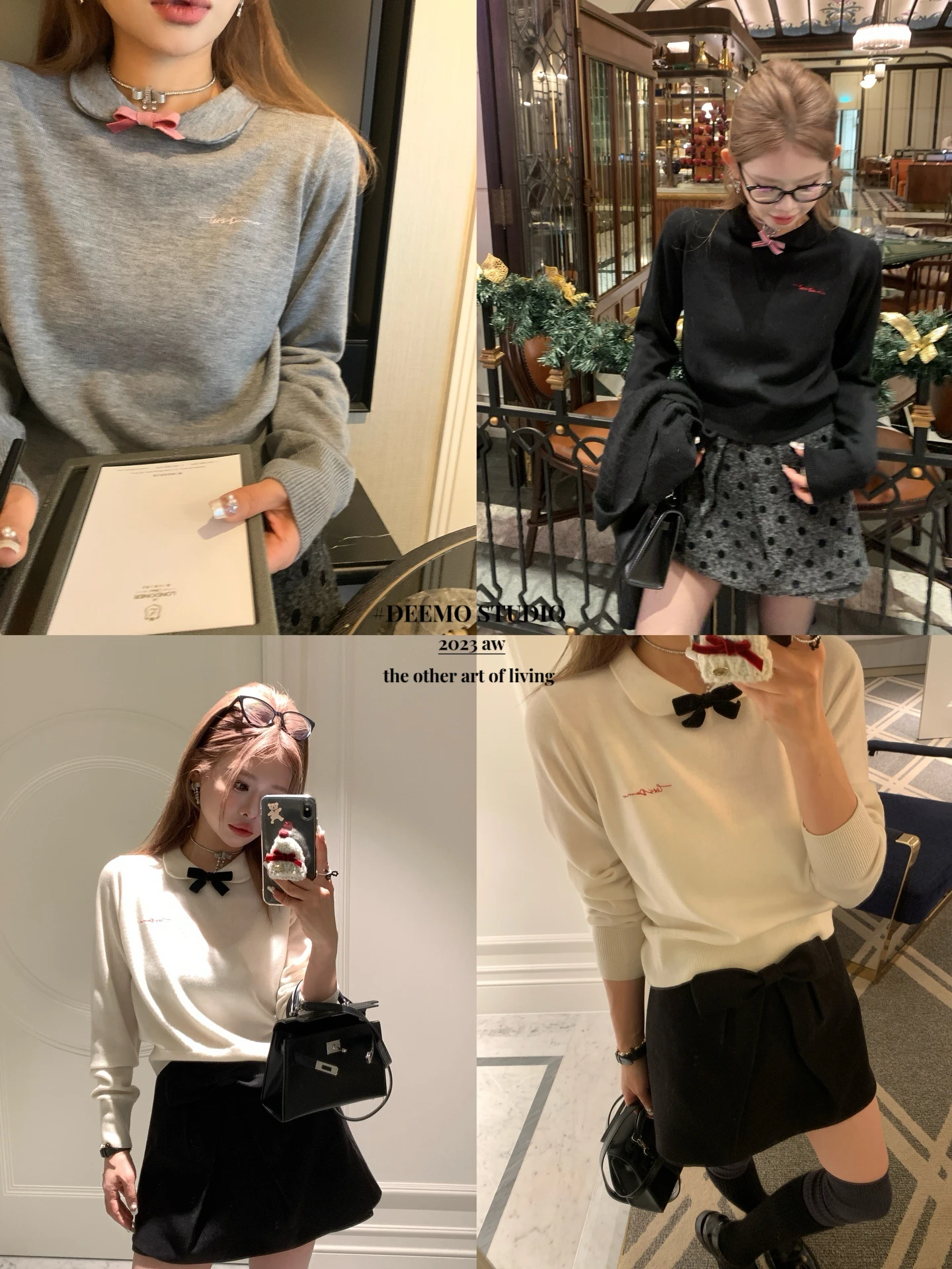 

Deemostudio Miu Sle College Feel Knitted Sweater with Bow Tie Layering Overhead Long Sve Regular Length Color