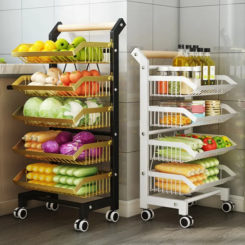 Kitchen Floor Storage Rack Adjustable Layer Height Storage Cart Multi-Function Vegetable Basket Carbon Steel Organizer Shelf