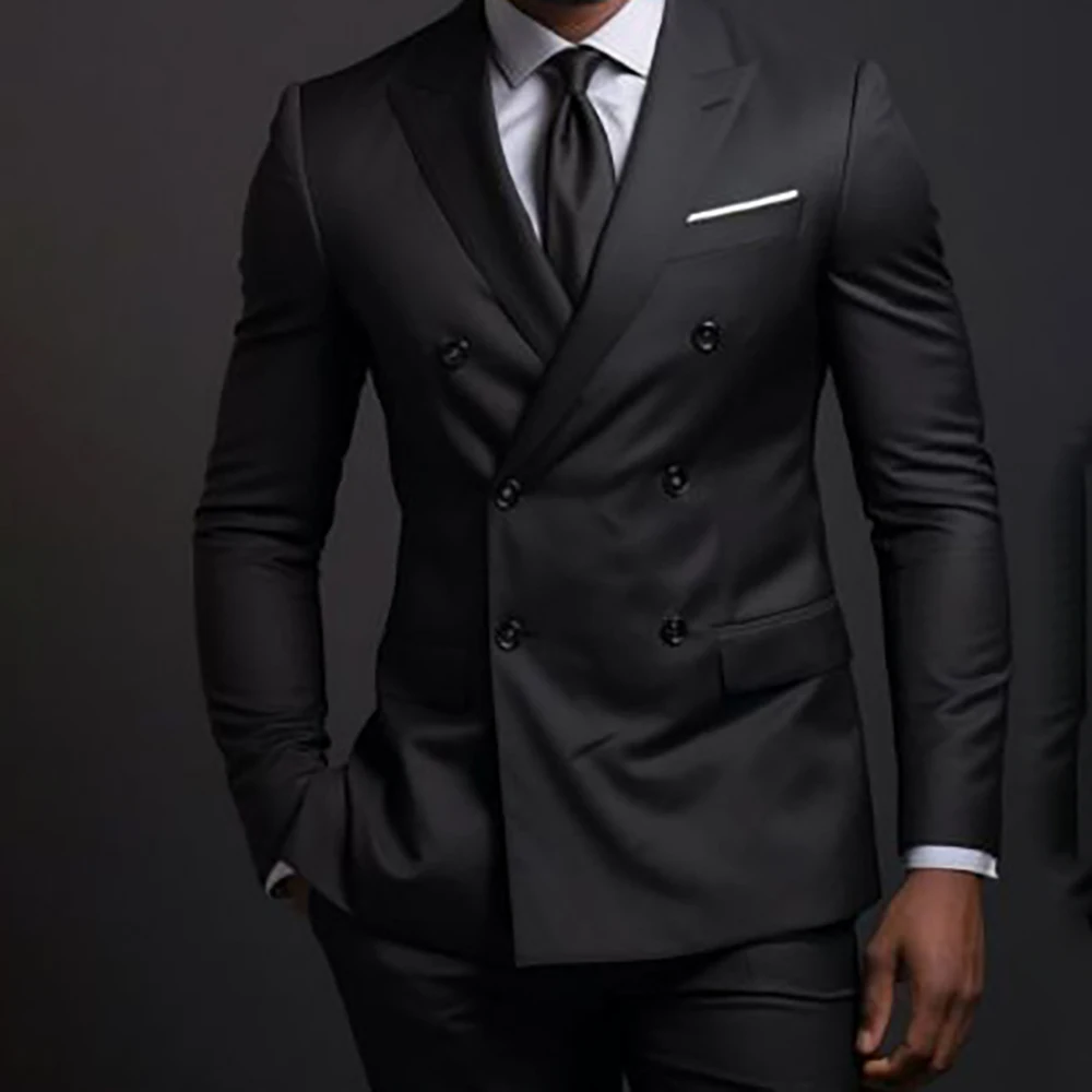 

Elegant Black Men Suits Double Breasted Business Blazer Fashion Flim Fit 2 Piece Jacket Pants Costume Homme Pour Mariage