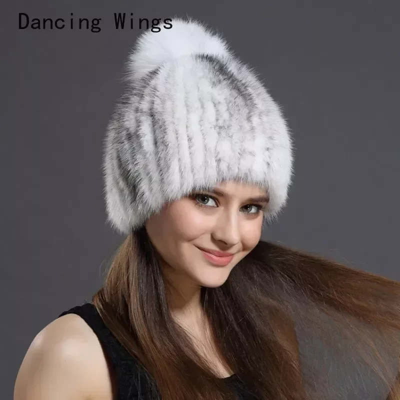 Mink Fur Knit Hat With Fox Fur Ball Winter Warm Women's Beanie 100% Natural Fur Russian Women'S Hat