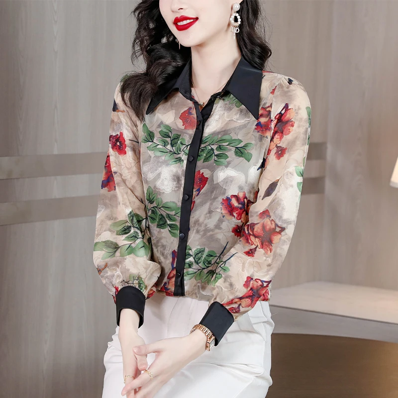AIMEILI Silk Yellow Printed Elegant Shirt 2024 Summer New Ruffled Neck Lantern Sleeve Loose Blouse Office Lady Chiffon Blouse