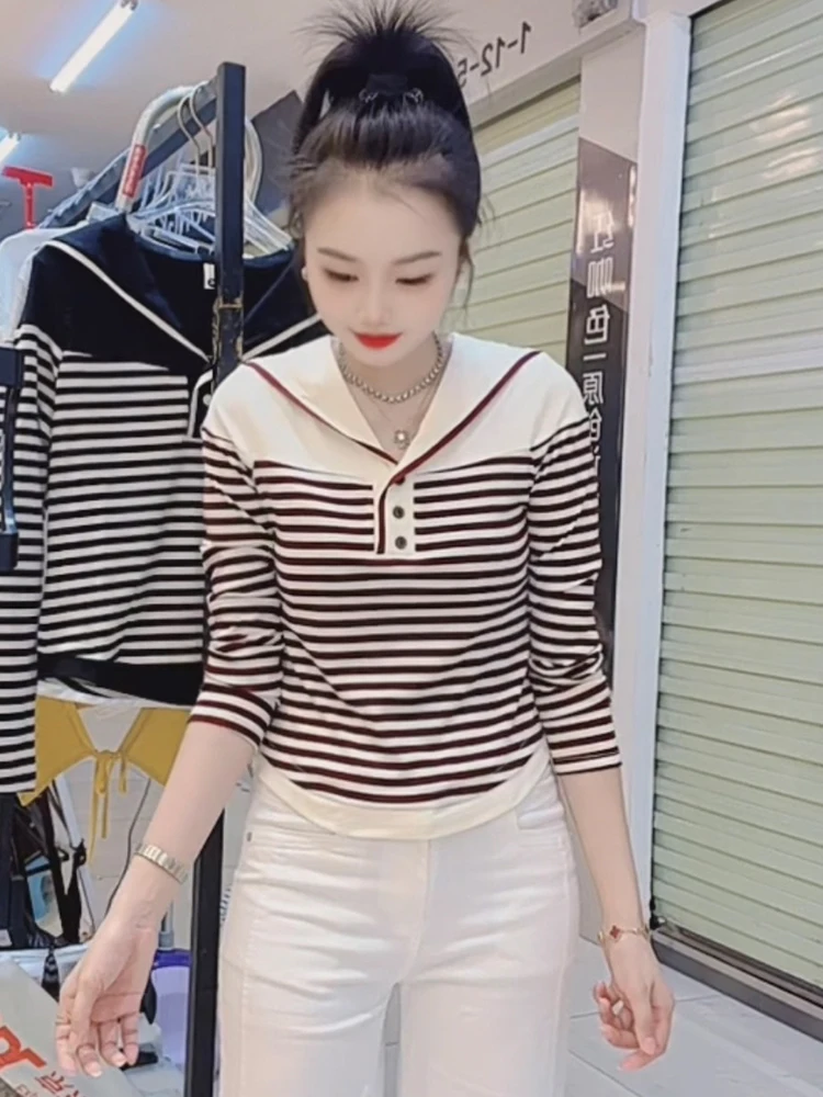 Slim Fit Gestreiftes Langes Sve Reines Baumwoll-T-Shirt Damen Faionable Color Blo Design Herbst Neues Sle Vielseitiges Freizeit-Top